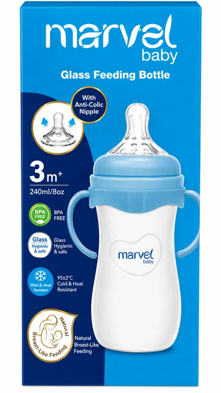 Marvel Baby Glass Feeding Bottle With Handles - 240ml, 3m+